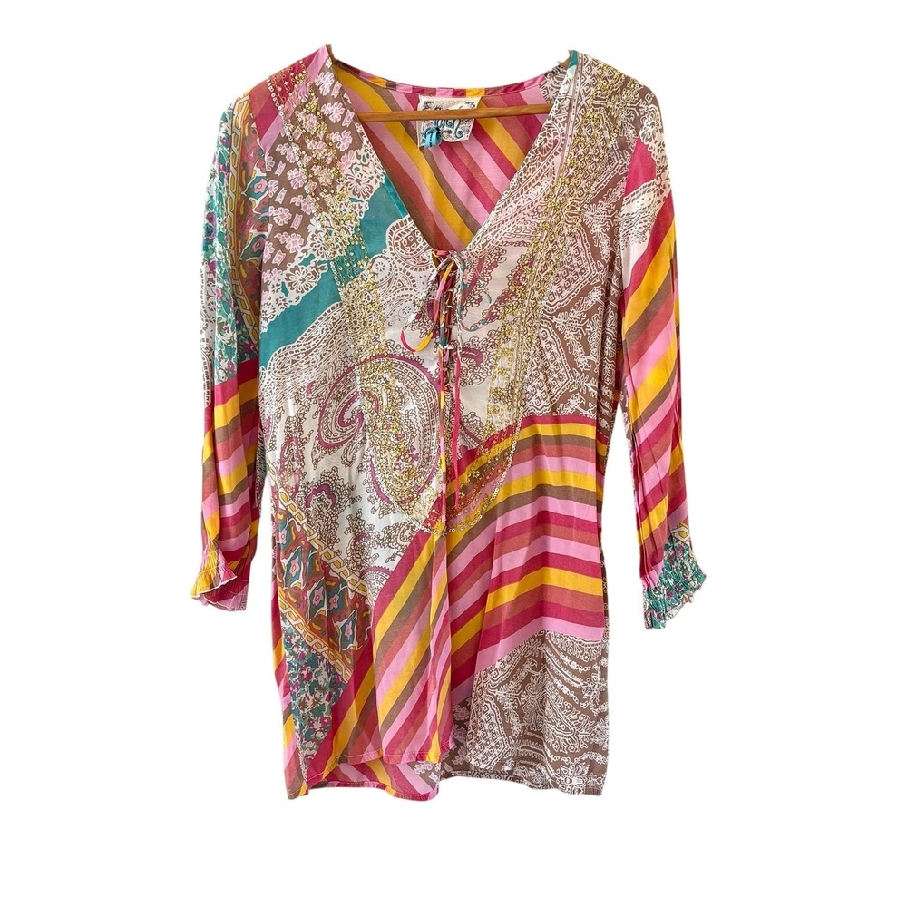 Faith Paisley Patchwork Tunic Top Womens M Multicolor Sequin Boho Sheer Beach